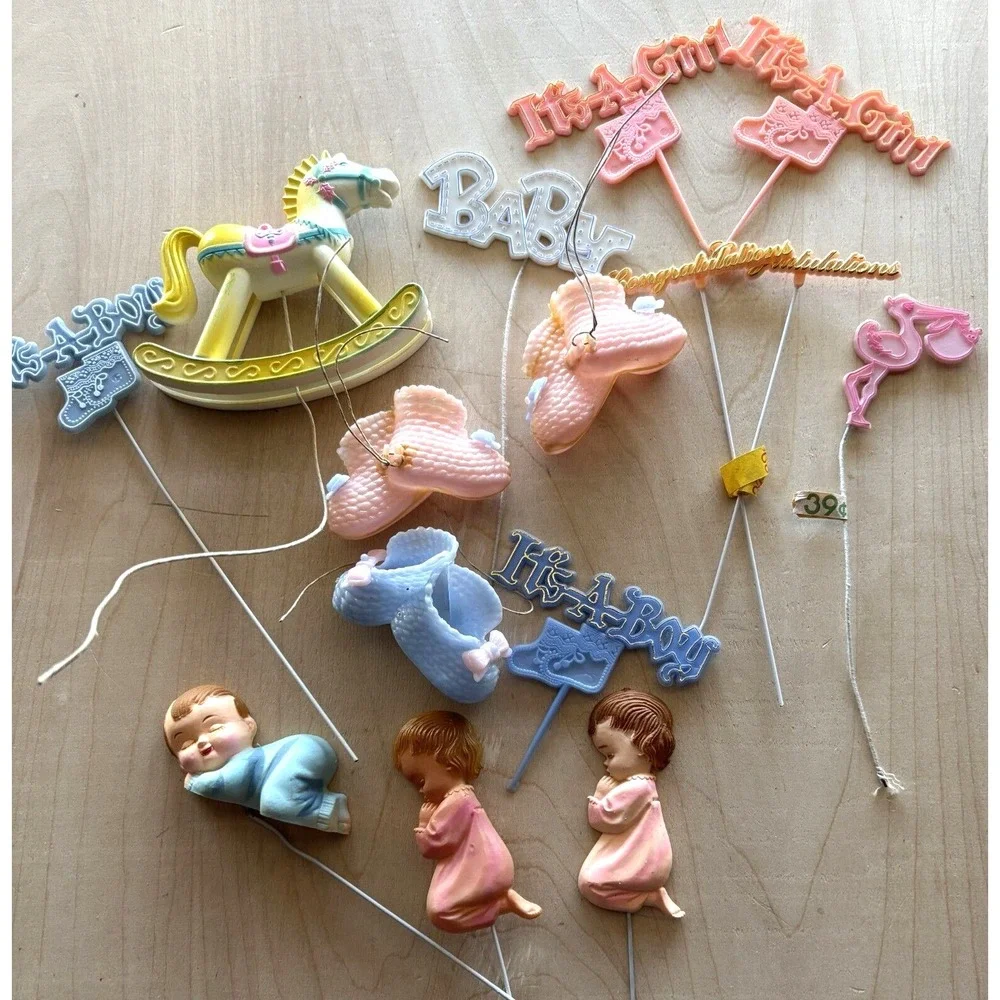Vtg Baby Shower Pick LOT of 15 Crafts Hard Plastic Babies Booties It's A Girl